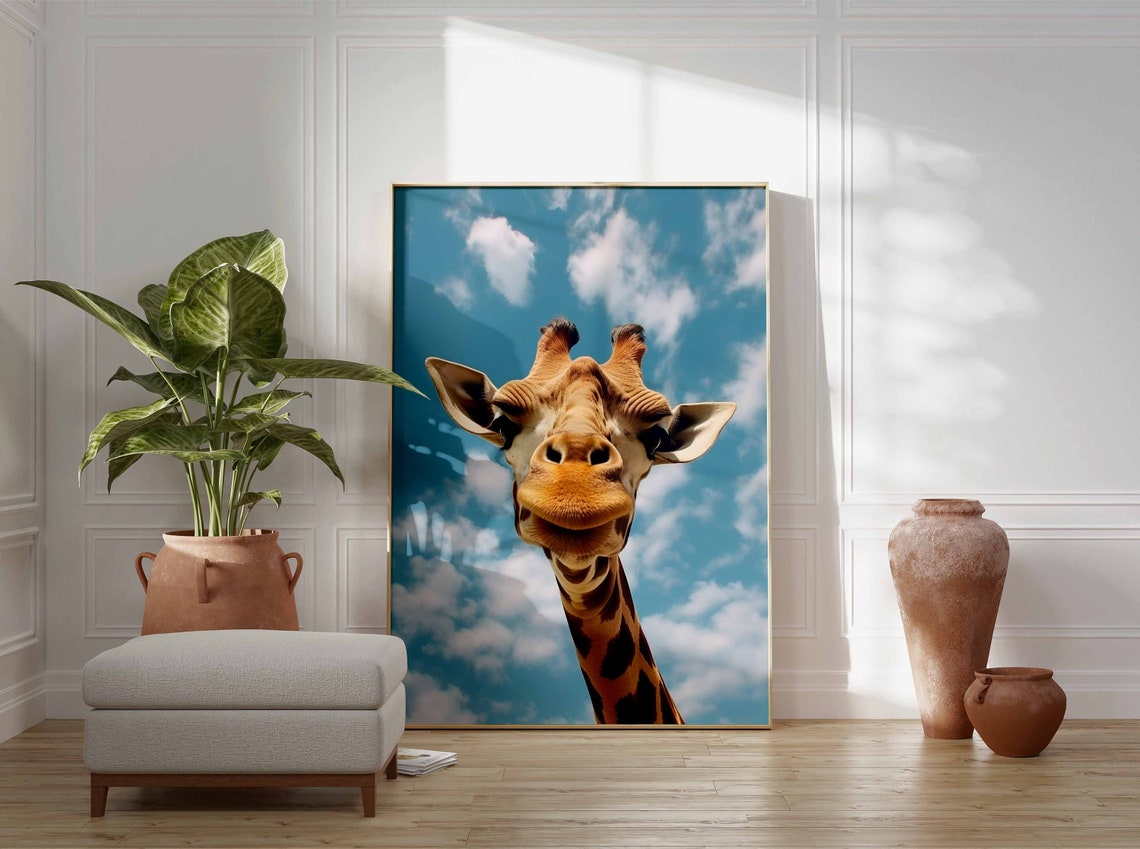 Giraffe Face Close Up Against a Blue Sky with Fluffy Clouds Poster - Image 3