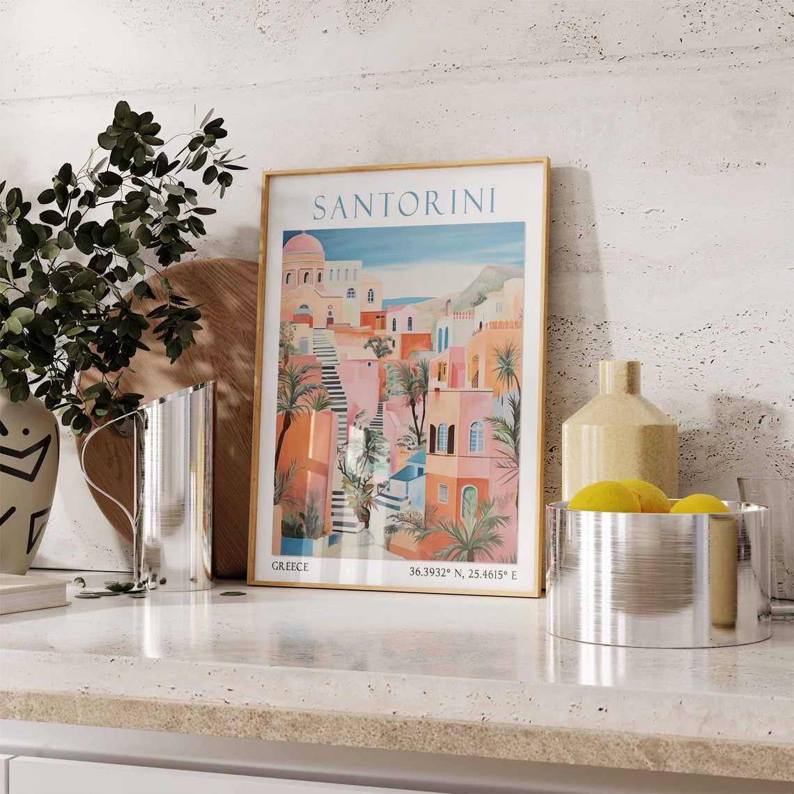 Santorini Pink Village Stairs Red Dome Palms Watercolor Travel Poster - Image 3