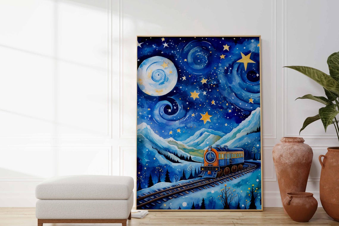 Winter Starry Night Train Snowy Mountains Swirling Sky Poster - Image 2