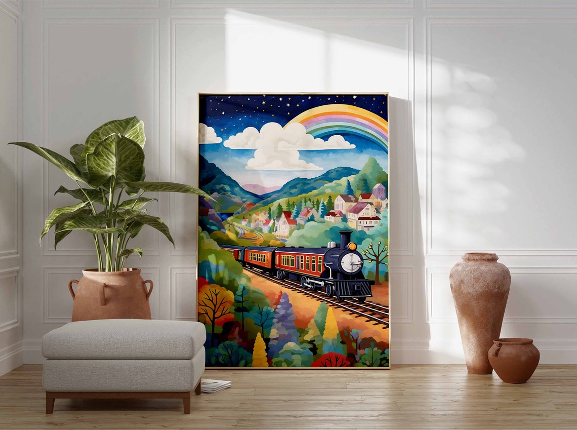 Steam Train Rainbow Night Valley Village Nursery Room Poster - Image 3