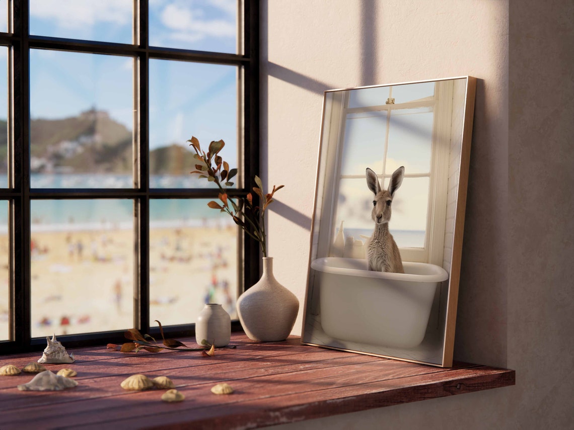 Joey Kangaroo Bathing In A Bathtub With A Bright Ocean View Poster - Image 2