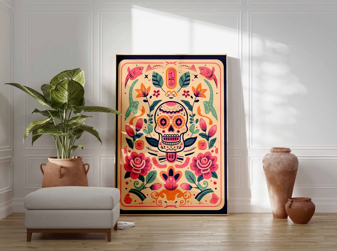 Pink Sugar Skull Fish Folk Art Day of the Dead Vintage Poster - Image 3