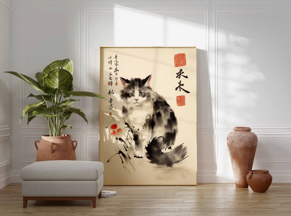 Japanese Ink Wash Longhair Cat Kanji Seals Floral Art Poster - Image 3