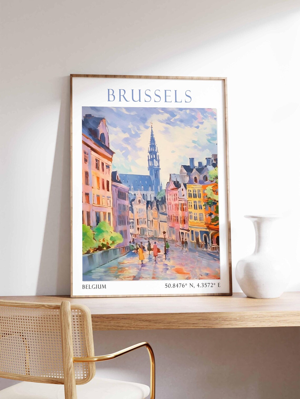 Brussels Belgium Old Town Street Town Hall Tower Rain Travel Poster