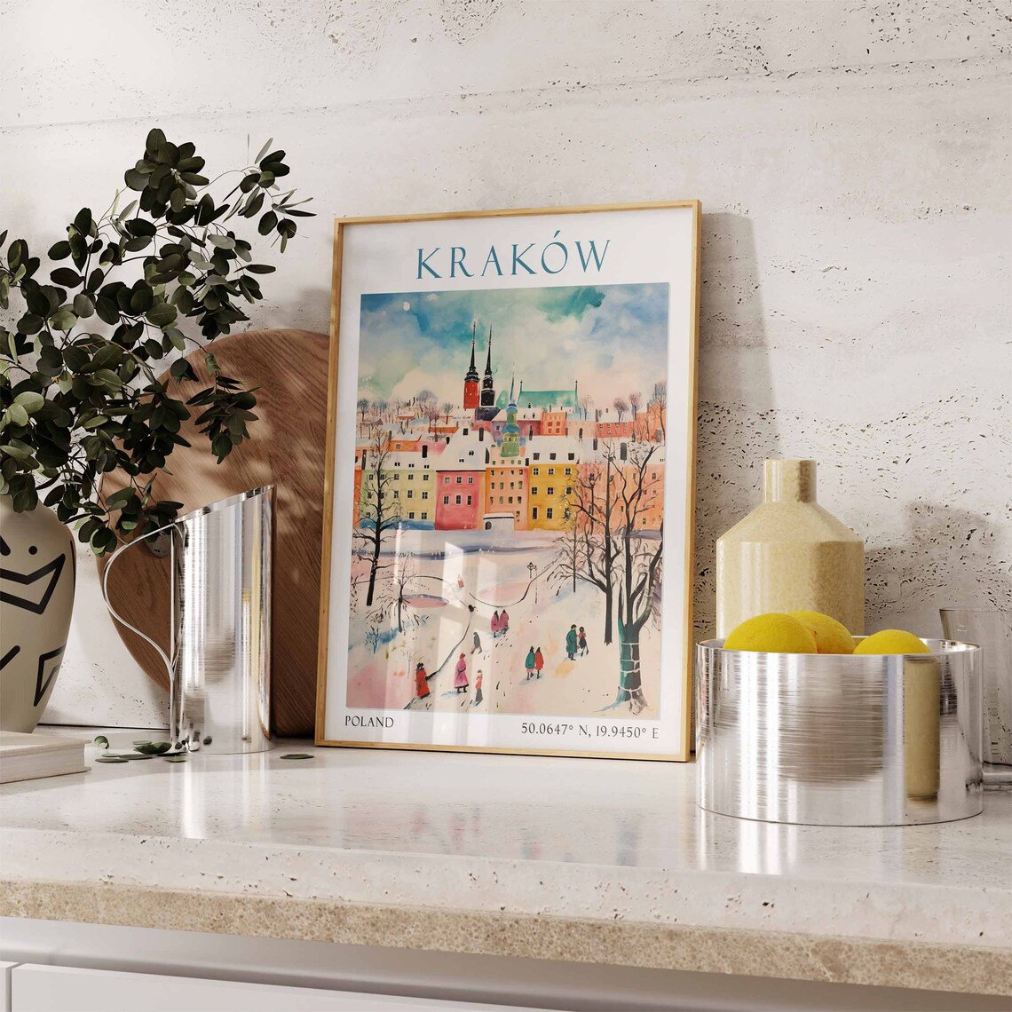 Krakow Poland Travel Poster Winter Snow Old Town Painting Art - Image 2