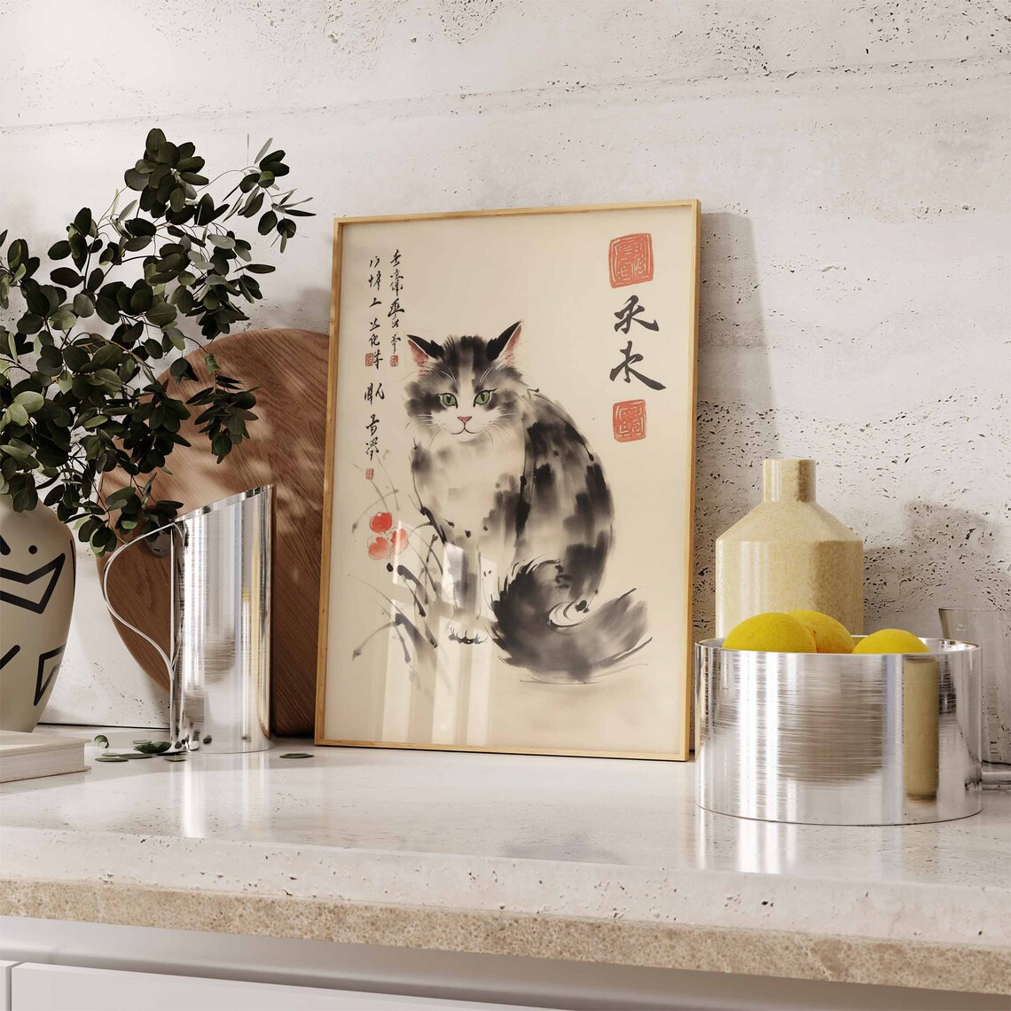 Japanese Ink Wash Longhair Cat Kanji Seals Floral Art Poster - Image 2
