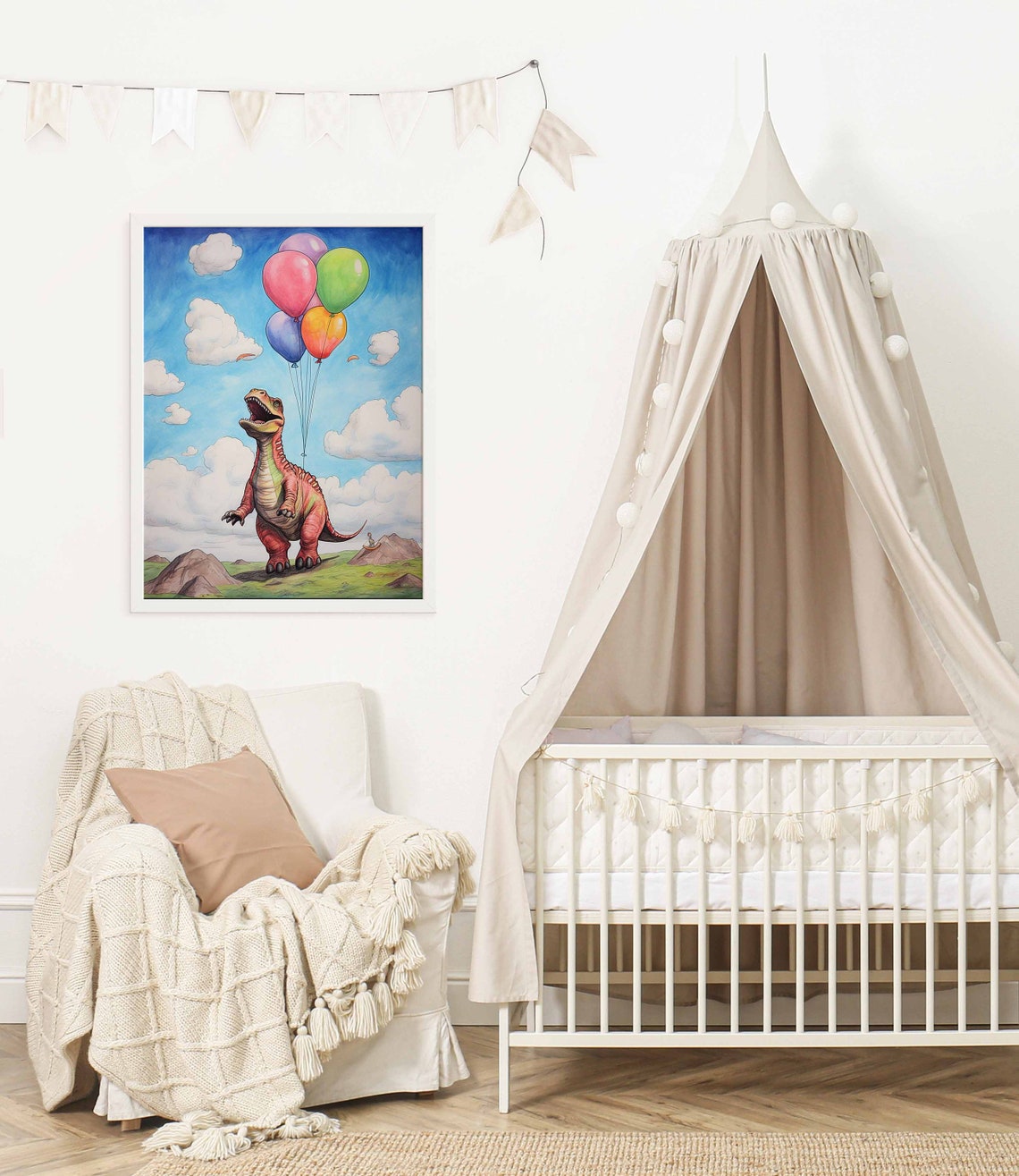 Watercolor T-Rex Looking Up at Balloons Poster for a Kids Room - Image 2