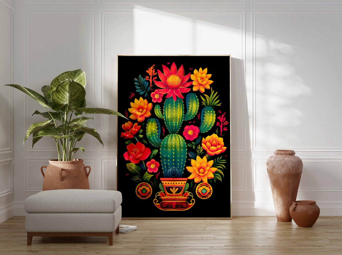 Colorful Blooming Cactus Neon Flowers Black Background Mexican Print - Image 3
