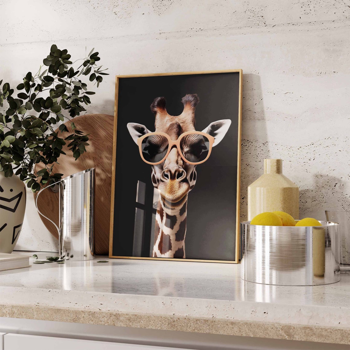 Chic Giraffe in Peach Sunglasses Portrait on Black Background Poster - Image 2