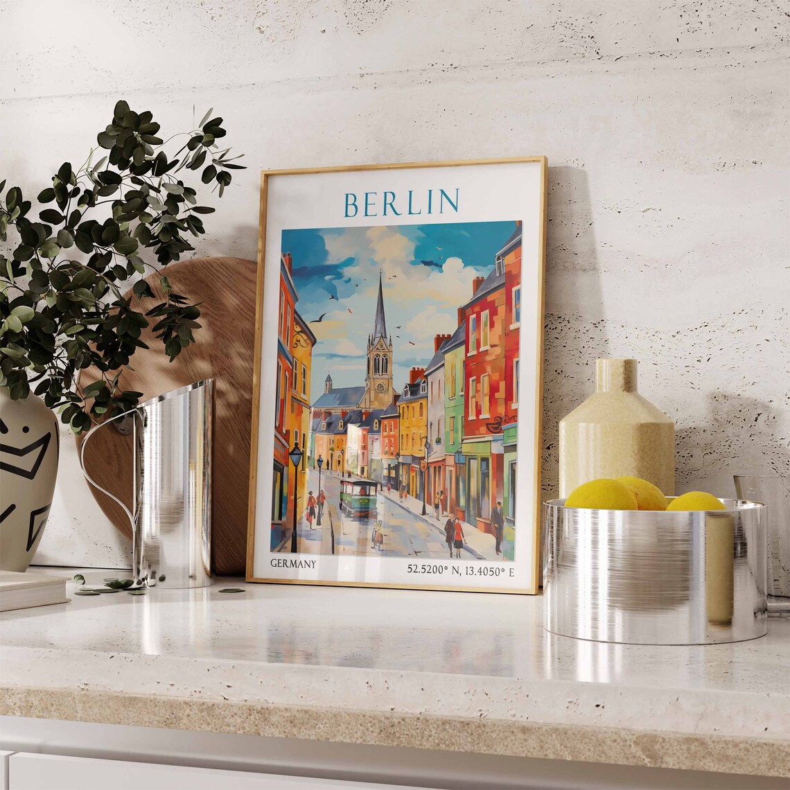 Berlin Street with Church Spire Tram and Colorful Buildings Poster - Image 3