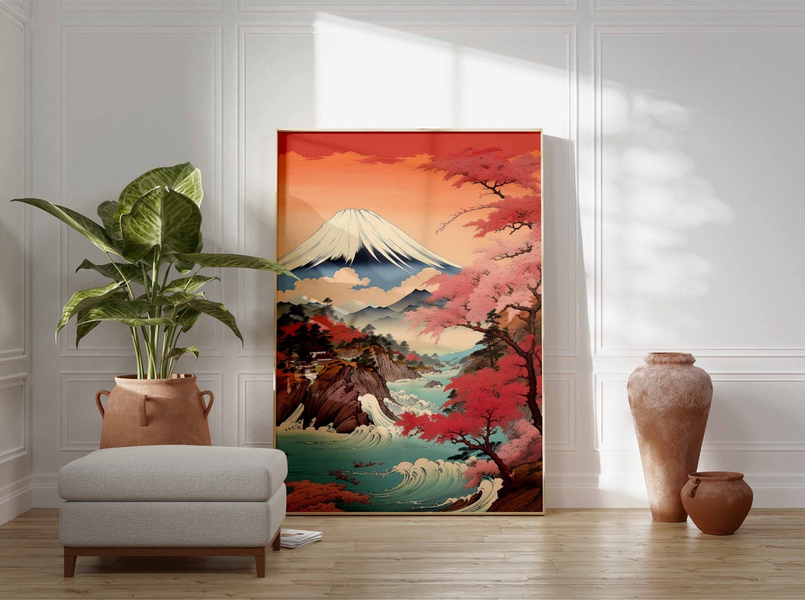 Mount Fuji Sunset Waterfall Orange Sky Japanese Scenic Print - Image 2