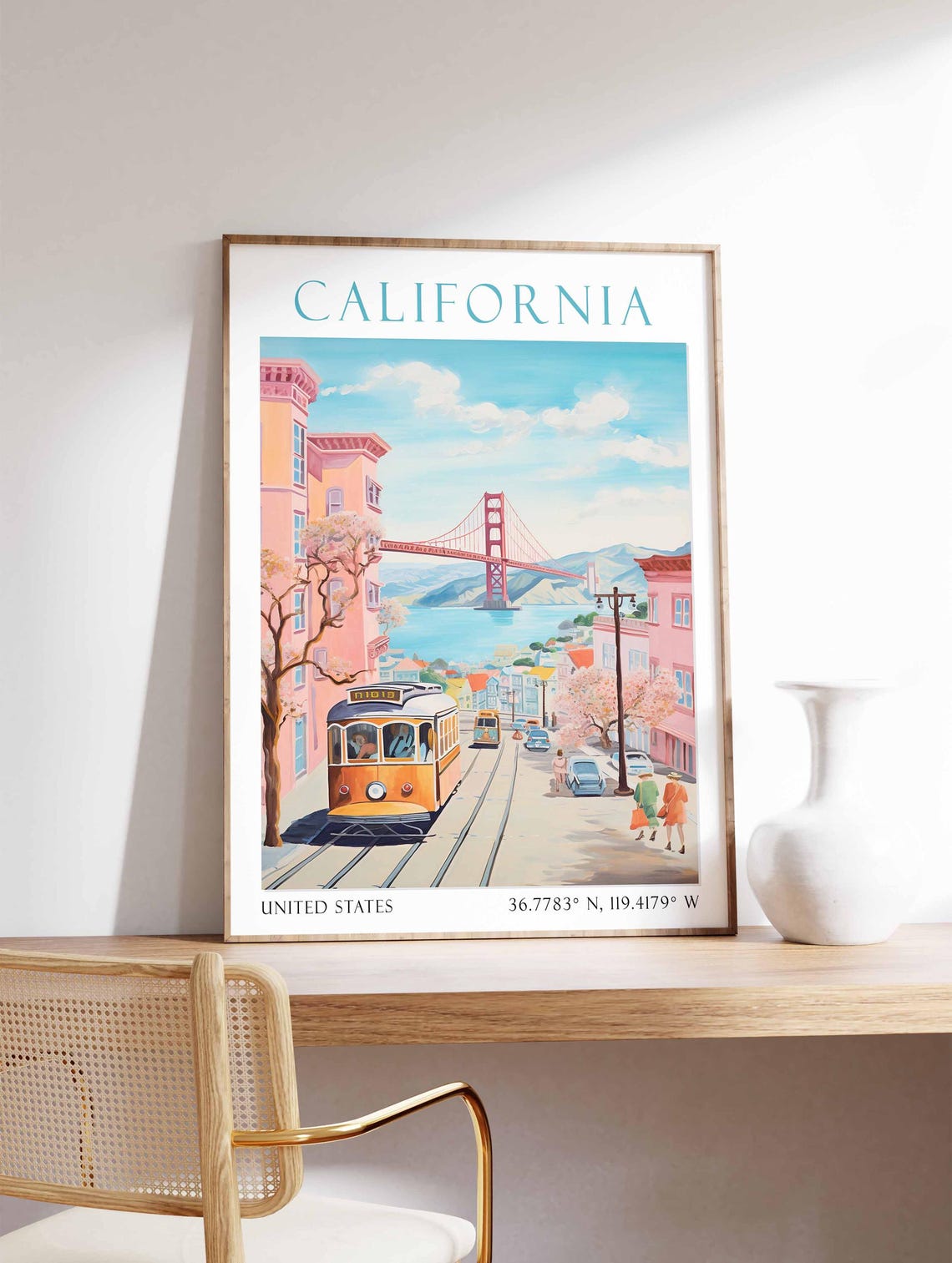 California San Francisco Cable Car Street Golden Gate Bridge Poster - Image 3
