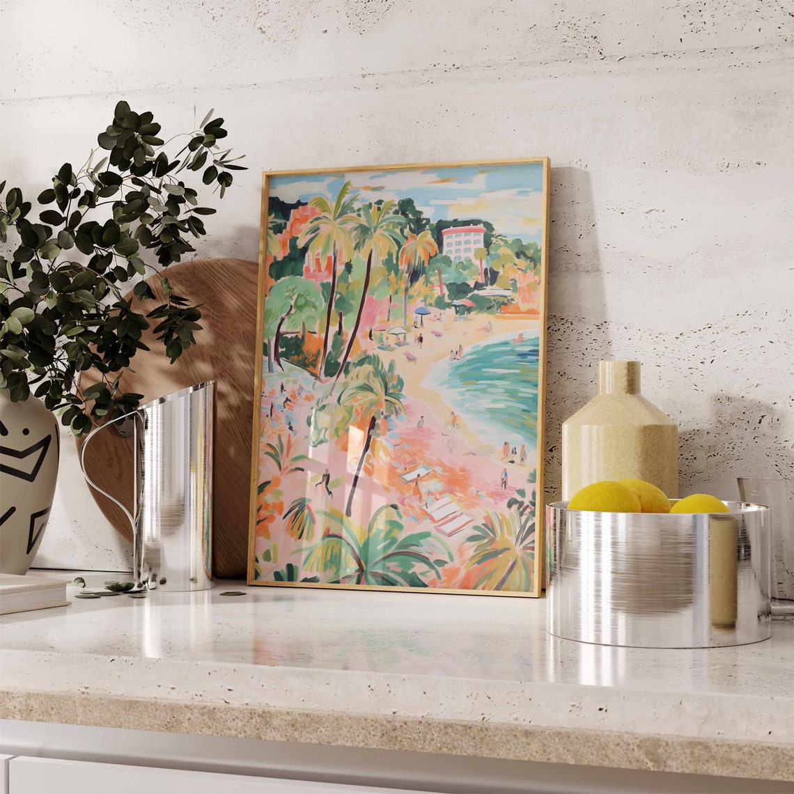 Impressionist Pink Sand Beach Colorful Hillside Village Poster - Image 2