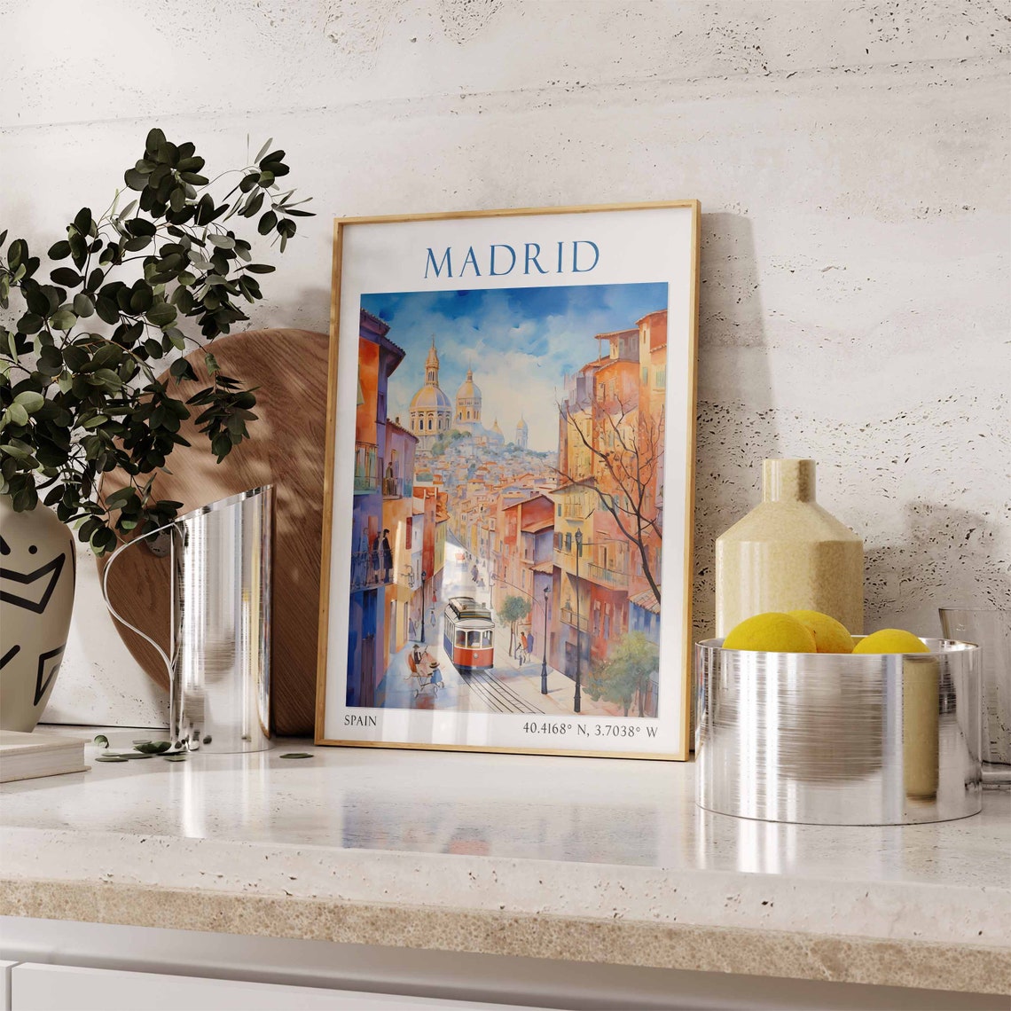 Madrid Spain Travel Poster Red Tram Domed Cathedral View Art - Image 2