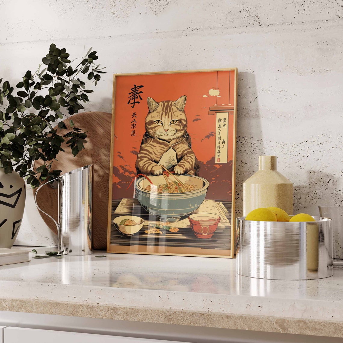 Japanese Cat Eating Noodles Chopsticks Retro Art Lover Poster - Image 3