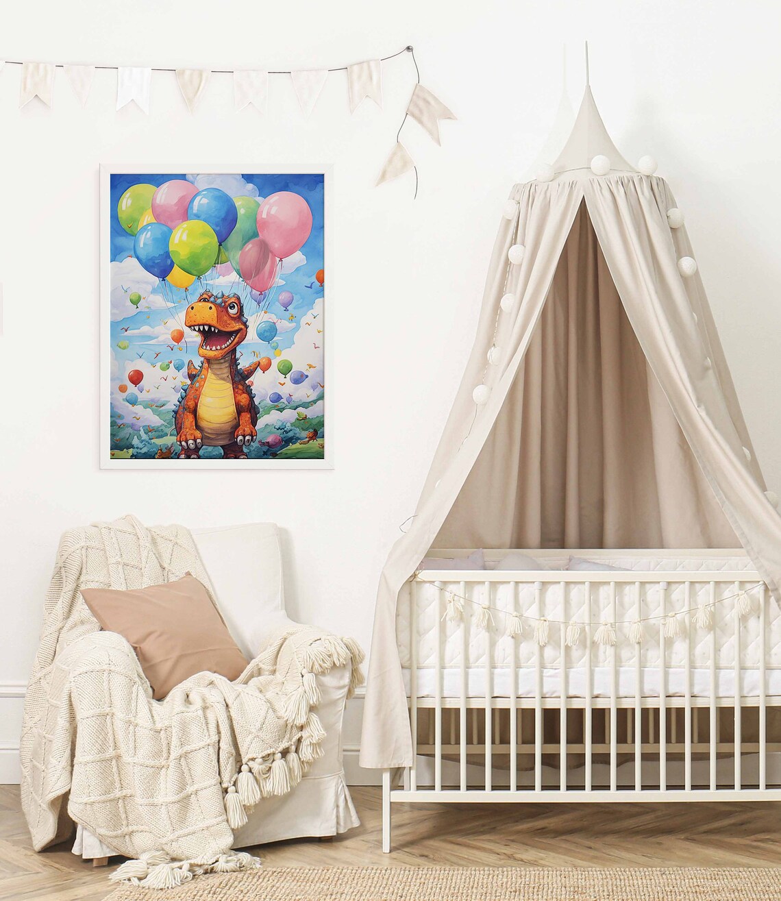 Happy Orange T-Rex with Balloons Watercolor Poster for a Boys Room - Image 2
