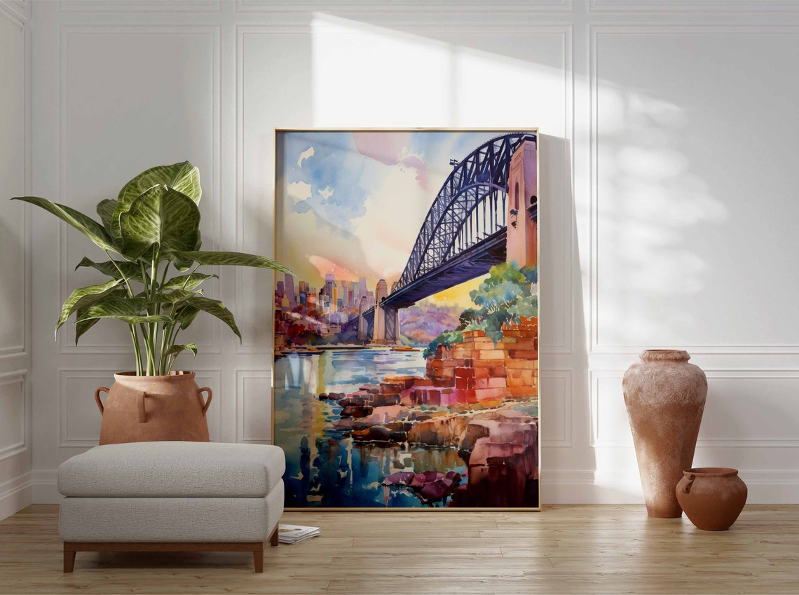Sydney Harbour Bridge Watercolor Poster with City Skyline View - Image 3