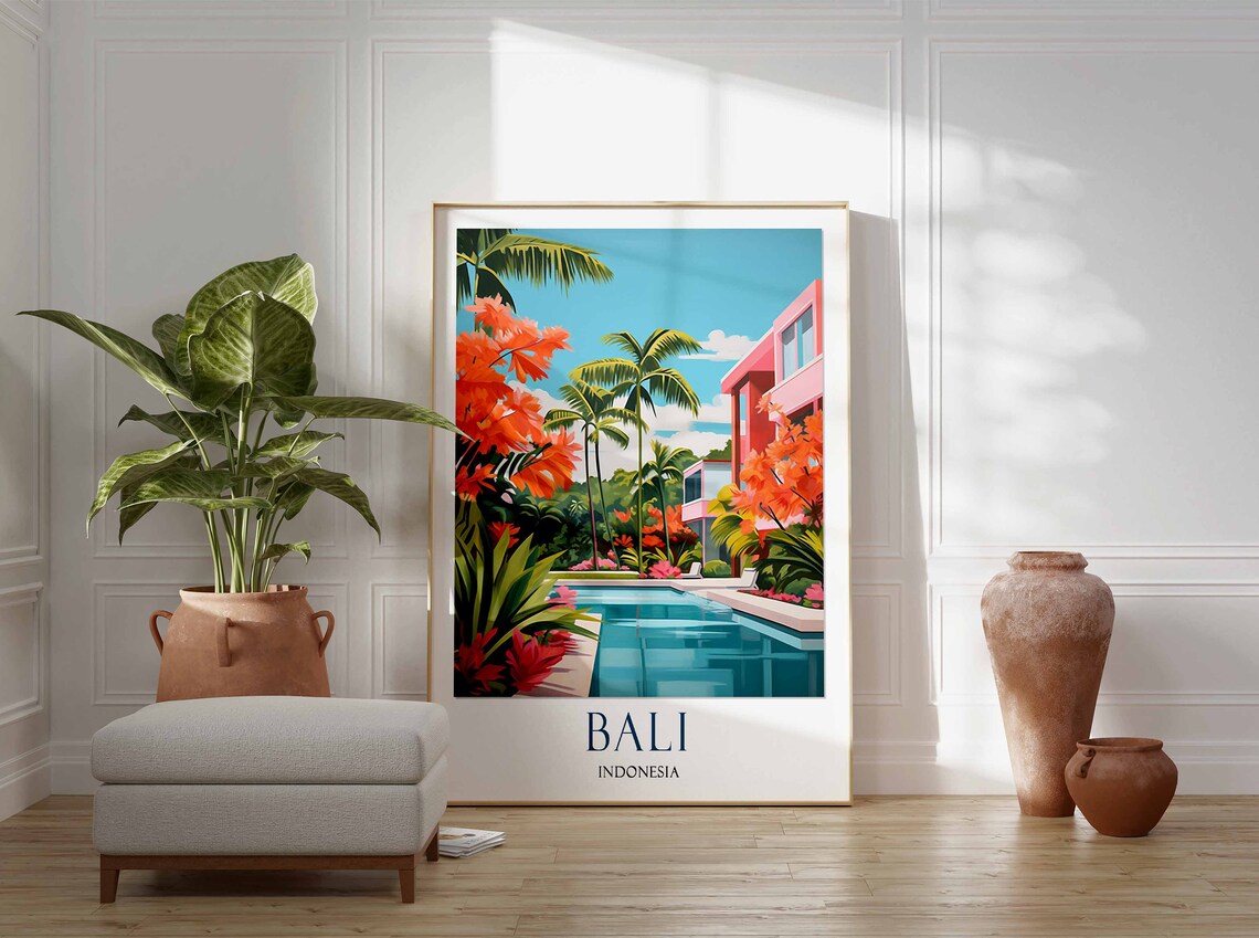 Bali Indonesia Resort Pool Palms Pink Villa Tropical Garden Poster - Image 2