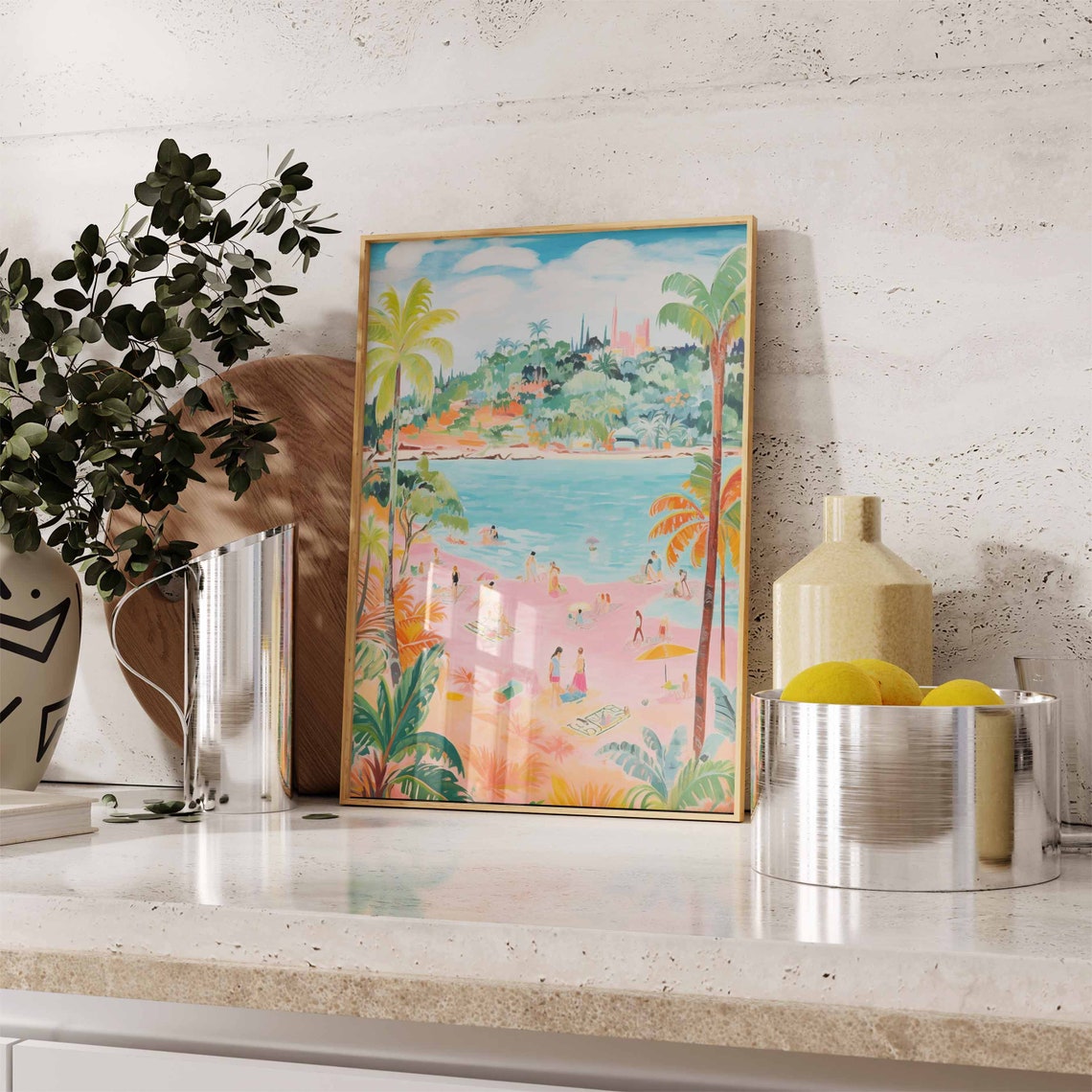 Pink Sand Beach with Palm Trees Facing a City Skyline Poster - Image 2