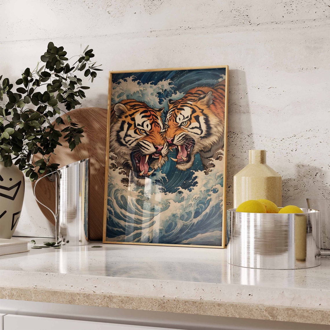 Two Roaring Tigers Japanese Wave Style Dramatic Tiger Poster - Image 3