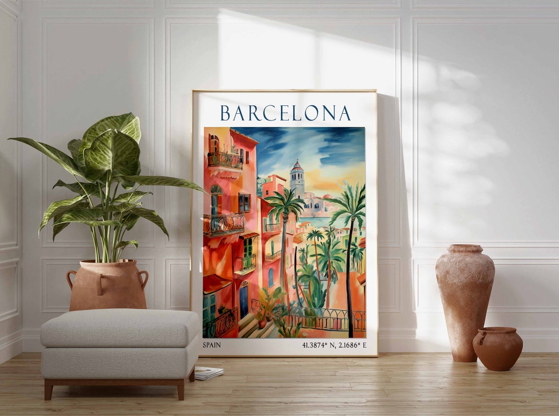 Barcelona Old Town Street with Palm Trees at Sunset Art Poster - Image 2