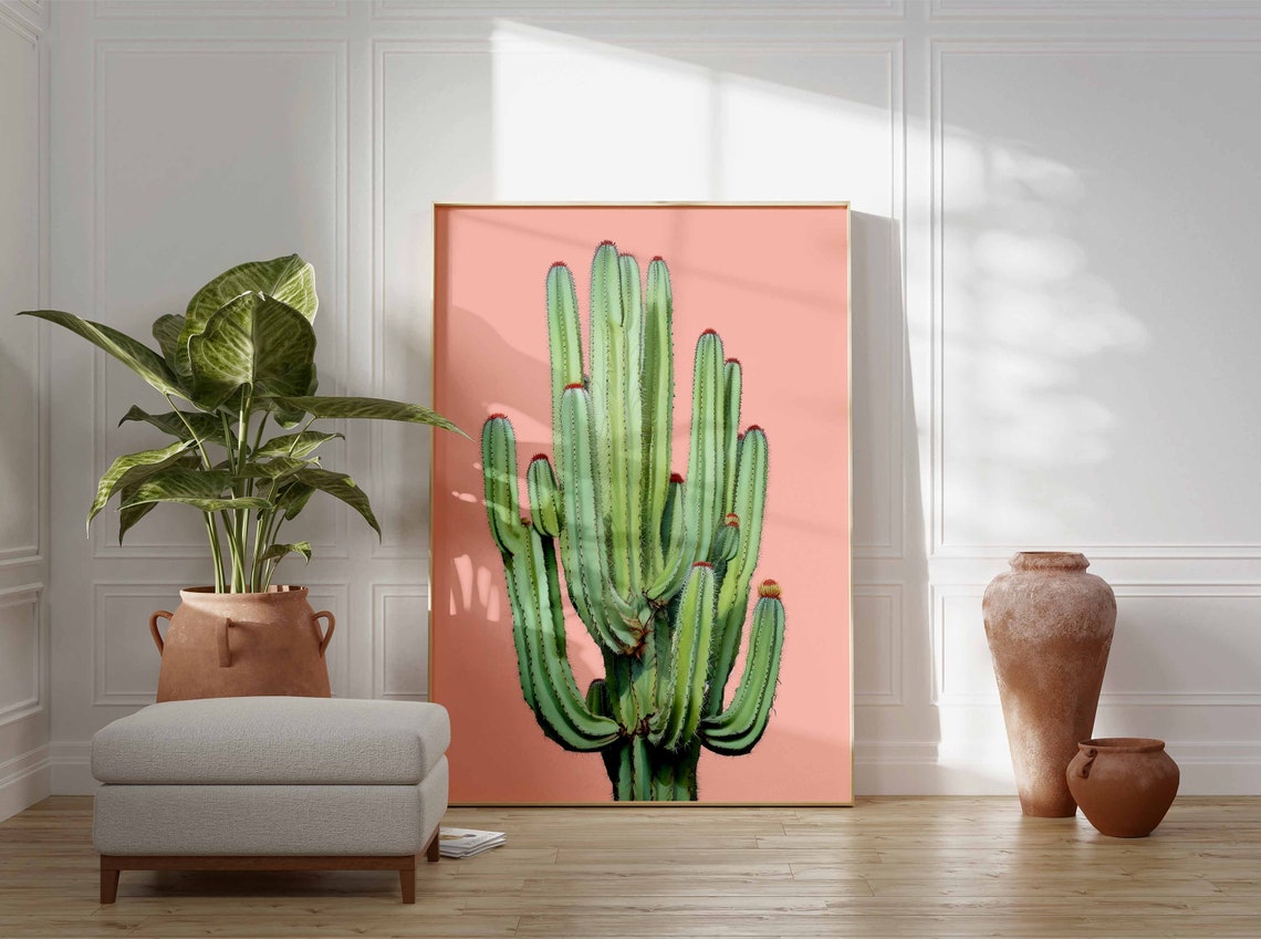Fan-Shaped Cactus with Red-Tipped Buds on a Peach Backdrop Poster - Image 3