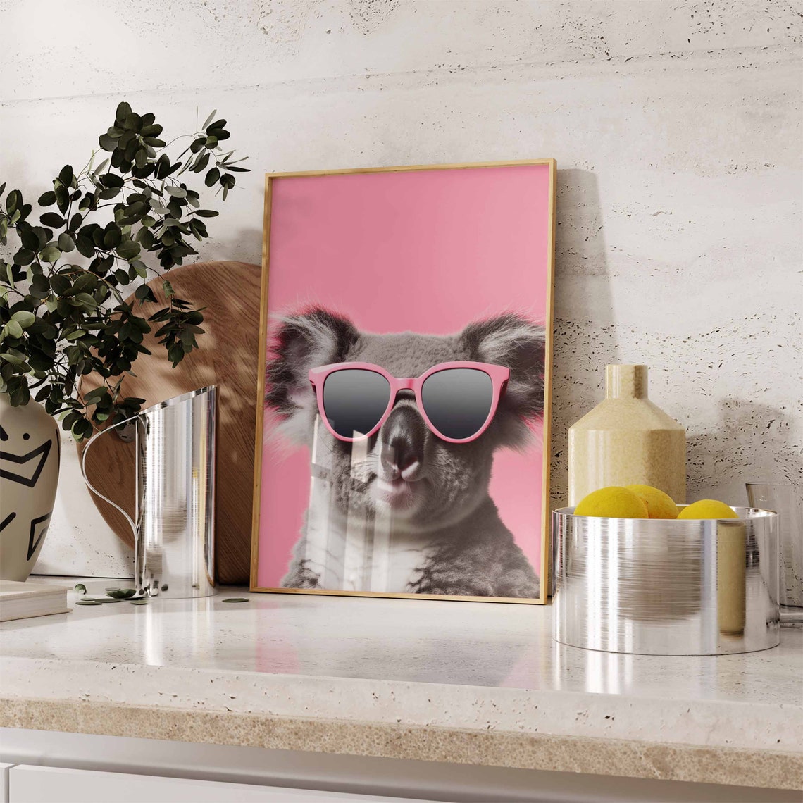 Smiling Koala in Pink Sunglasses Against a Pink Background Poster - Image 2