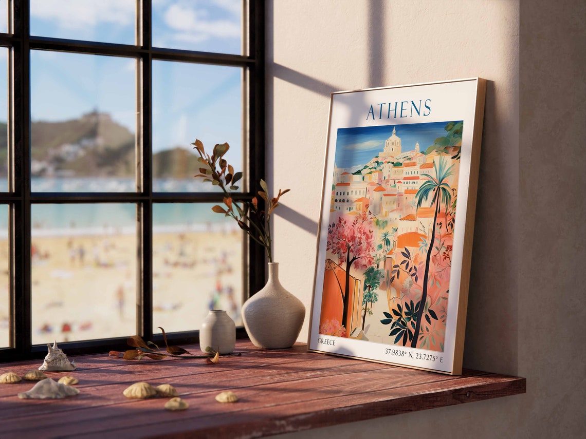 Athens Greece Sunny Pink Blossom City View Vintage Travel Poster - Image 3