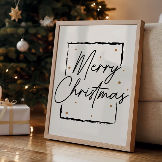 Merry Christmas Script in Black Frame With Gold Dots Holiday Poster