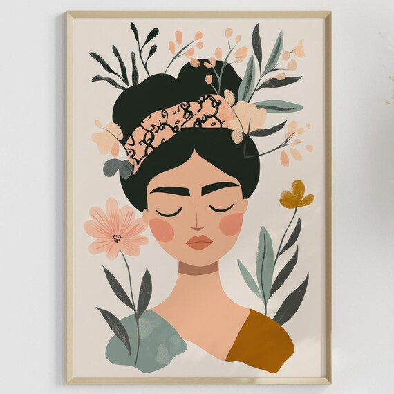 Wall Decoration For Living Room Boho Style Woman Portrait Pastel Flower Illustration Modern Picture Soft Colors Artwork