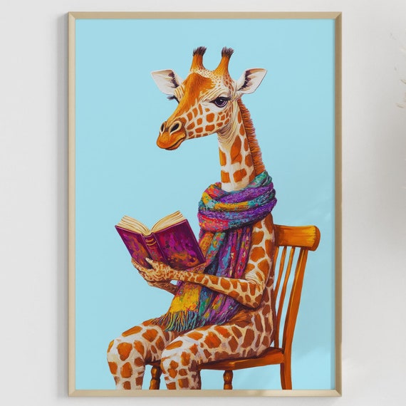 Colorful Living Room Wall Art Humorous Giraffe Poster Animal Illustration With Book Modern Decor Vibrant Color Pictures