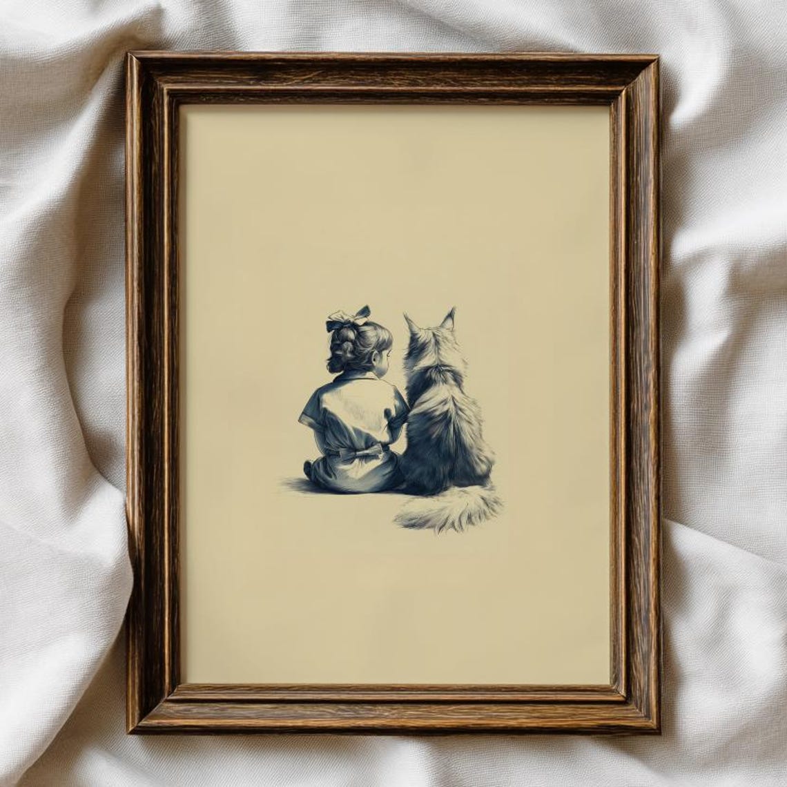 Little Girl and Maine Coon Cat From Behind Nostalgic Sketch Print
