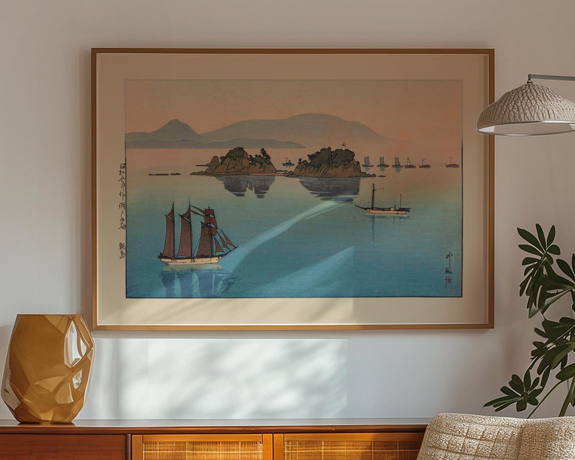 Yoshida Hiroshi Nabeshima Sailing Ship Sunset Sea Woodblock Art Poster