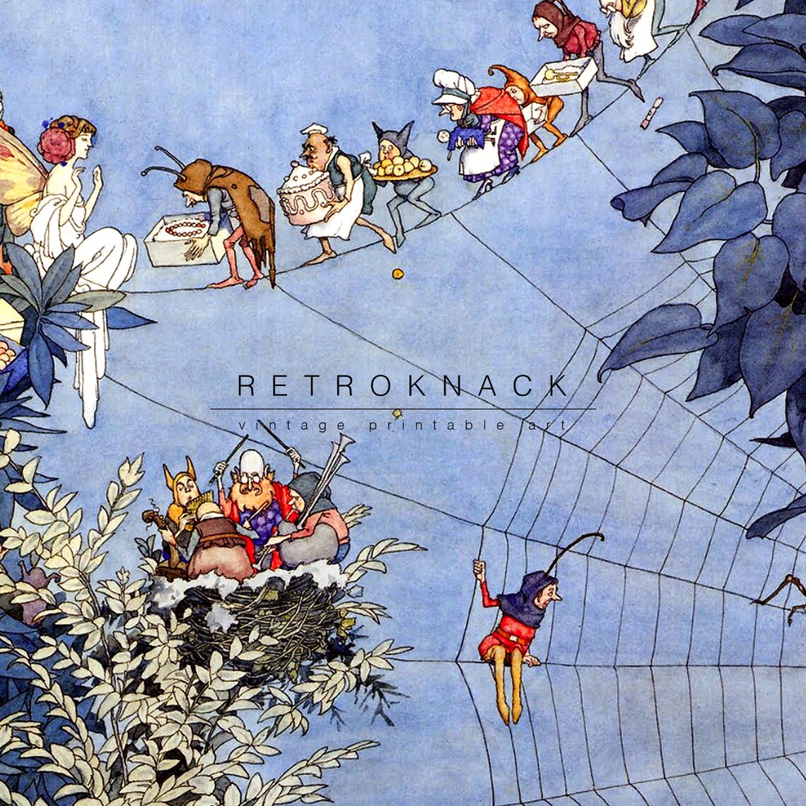 W. Heath Robinson Fairy Procession Crossing Giant Spider Web Night Print - Image 2