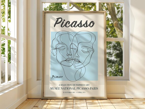 Picasso Style Abstract Faces Line Art Blue Exhibition Poster