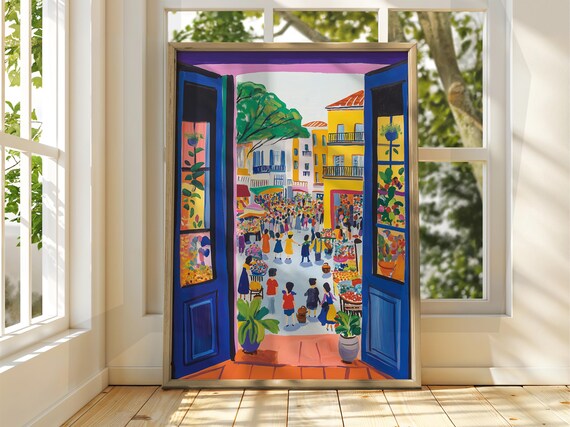 Matisse Style Blue Doors Mediterranean Market Street Scene Poster