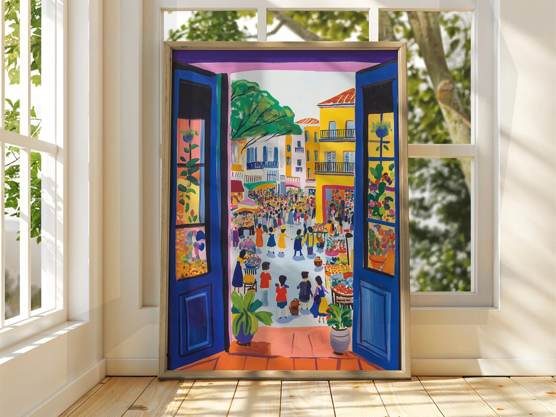 Matisse Style Blue Doors Mediterranean Market Street Scene Poster