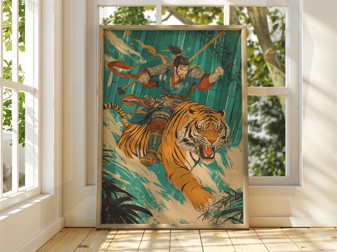 Samurai Riding Tiger Ukiyo-e Style Japanese Warrior Art Poster