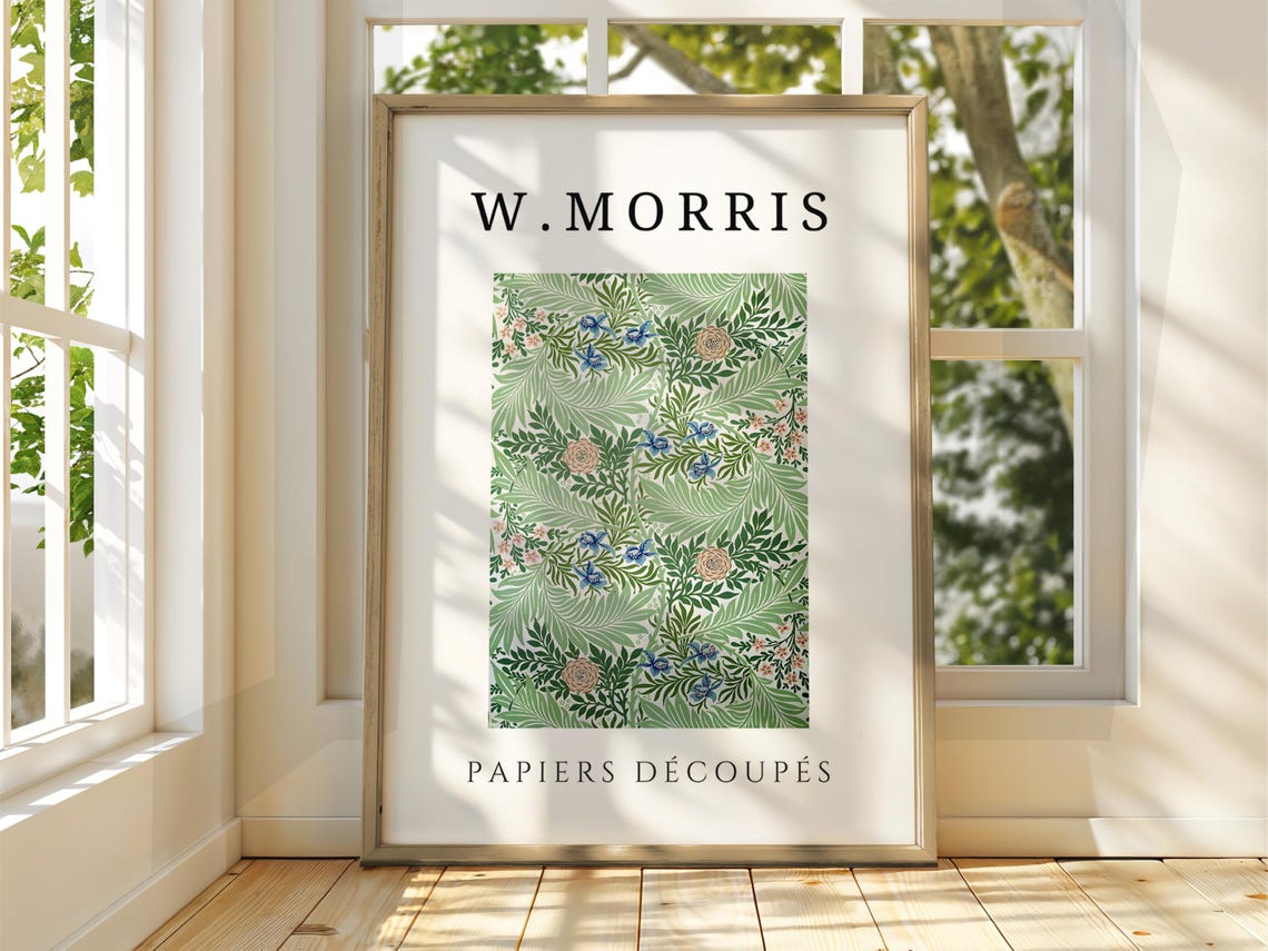 W Morris Green Botanical Leaf Pattern Exhibition Vintage Poster