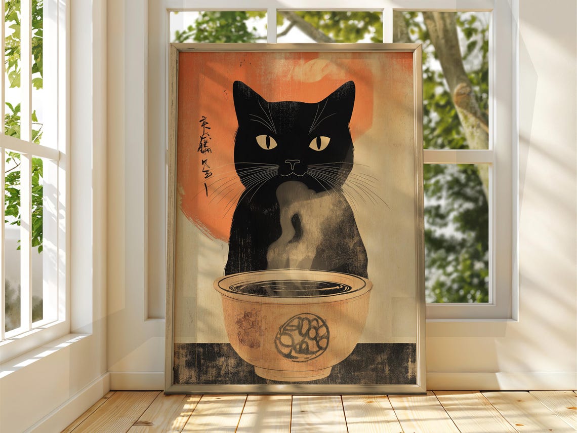 Cute Black Cat With Soup Bowl Vintage Japanese Animal Wall Art