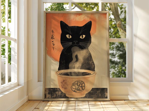 Cat With Soup Art Vintage Japanese Wall Animal Poster Funny Print Ramen
