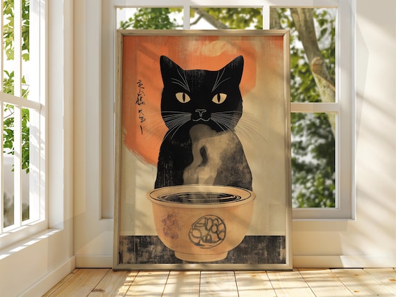 Cute Black Cat With Soup Bowl Vintage Japanese Animal Wall Art
