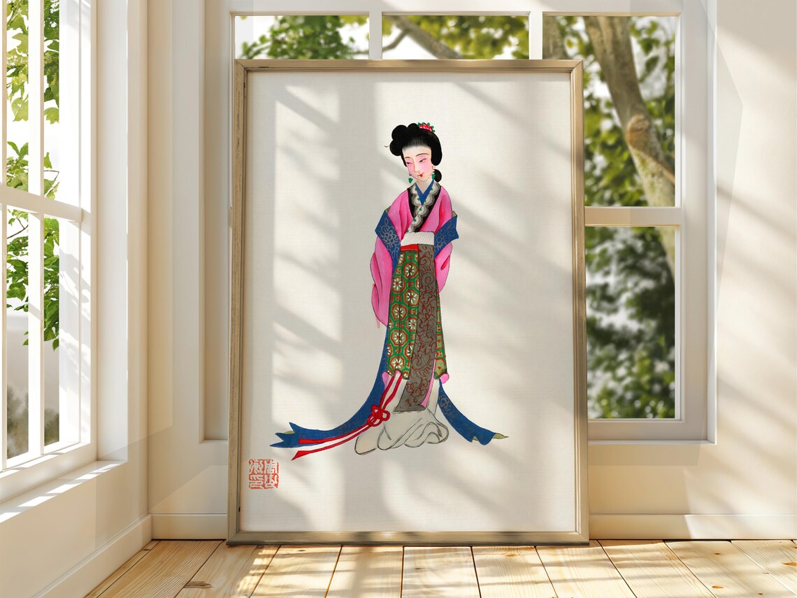 Japanese Geisha Ukiyoe Style Portrait Pink Kimono Art Poster