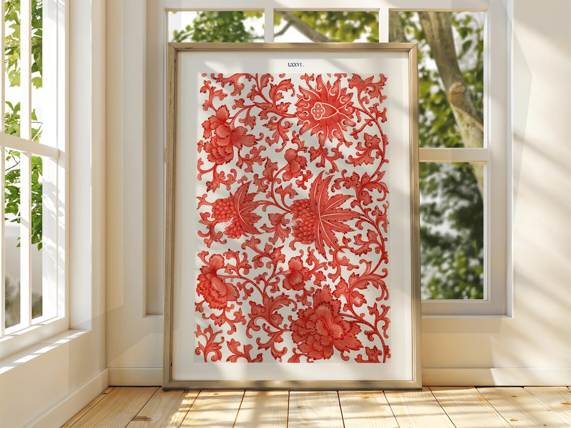 Red Peony Floral Ornament Vintage Pattern Plate LXXVI Poster