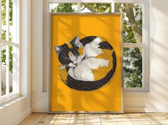 Curled Up Sleeping Cat On Yellow Background Playful Line Art Poster