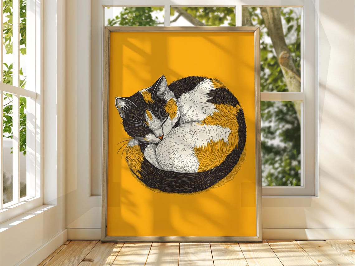 Curled Up Sleeping Cat On Yellow Background Playful Line Art Poster