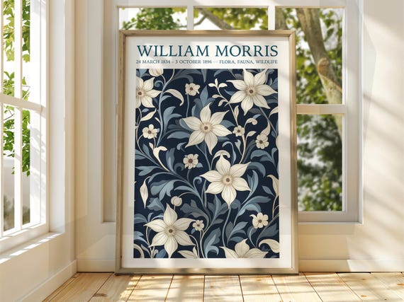 William Morris Navy Floral White Blossom Botanical Pattern Poster