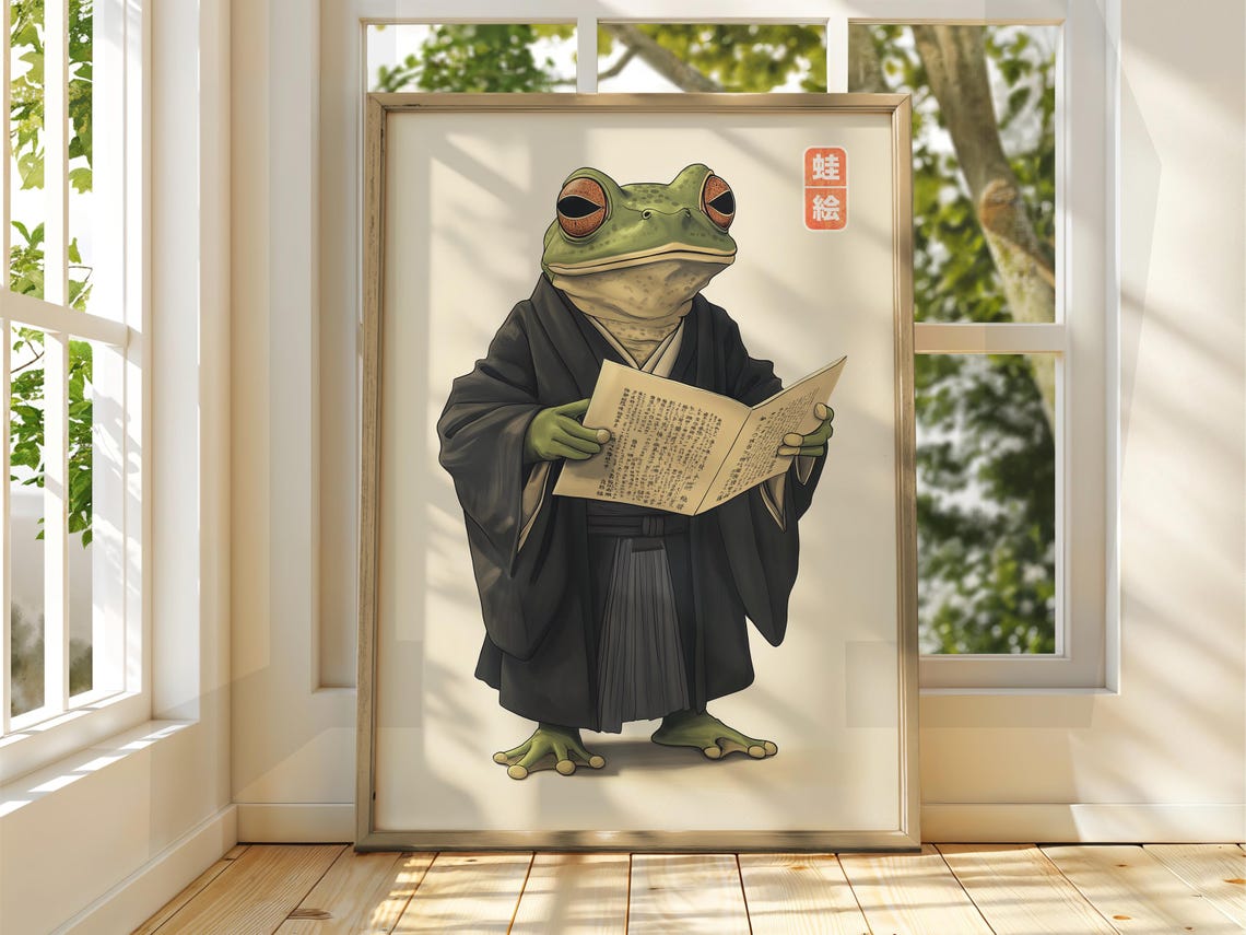 Japanese Frog in Black Kimono Reading a Scroll Vintage Art Poster