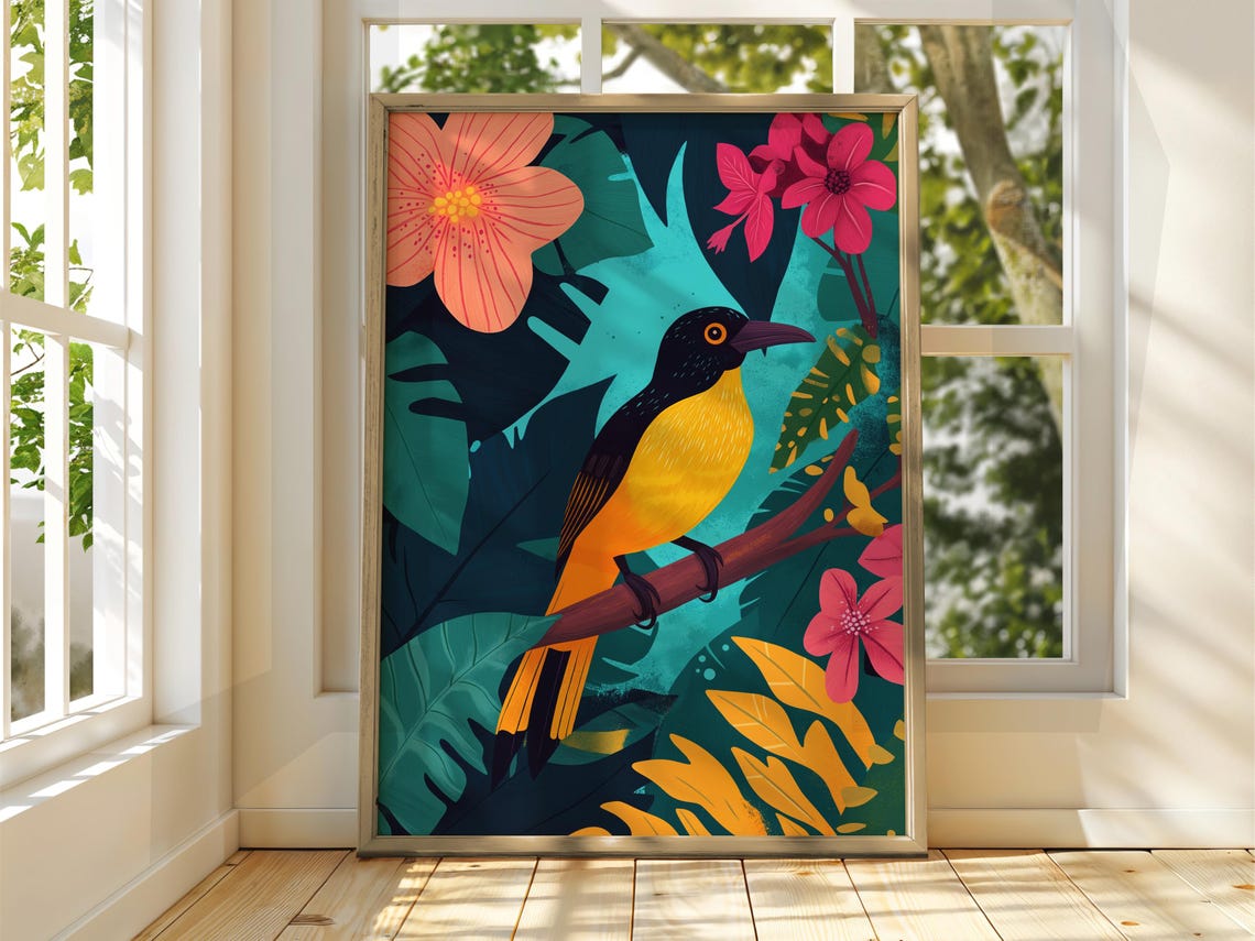 Tropical Songbird Among Pink Hibiscus Flowers Teal Jungle Art Poster