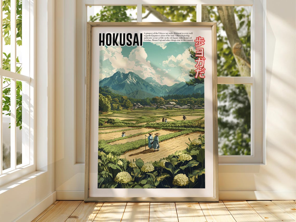 Hokusai Rice Terrace Village Japanese Ukiyo-e Countryside Poster